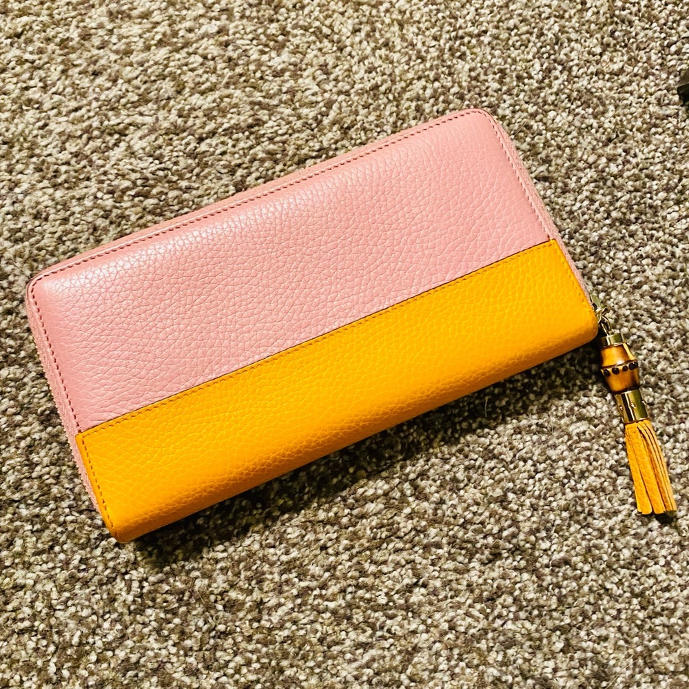 EUC GUCCI LE Japan Exclusive Two Tone Pink & Orange Leather Bamboo Long Wallet - Picture 5 of 16